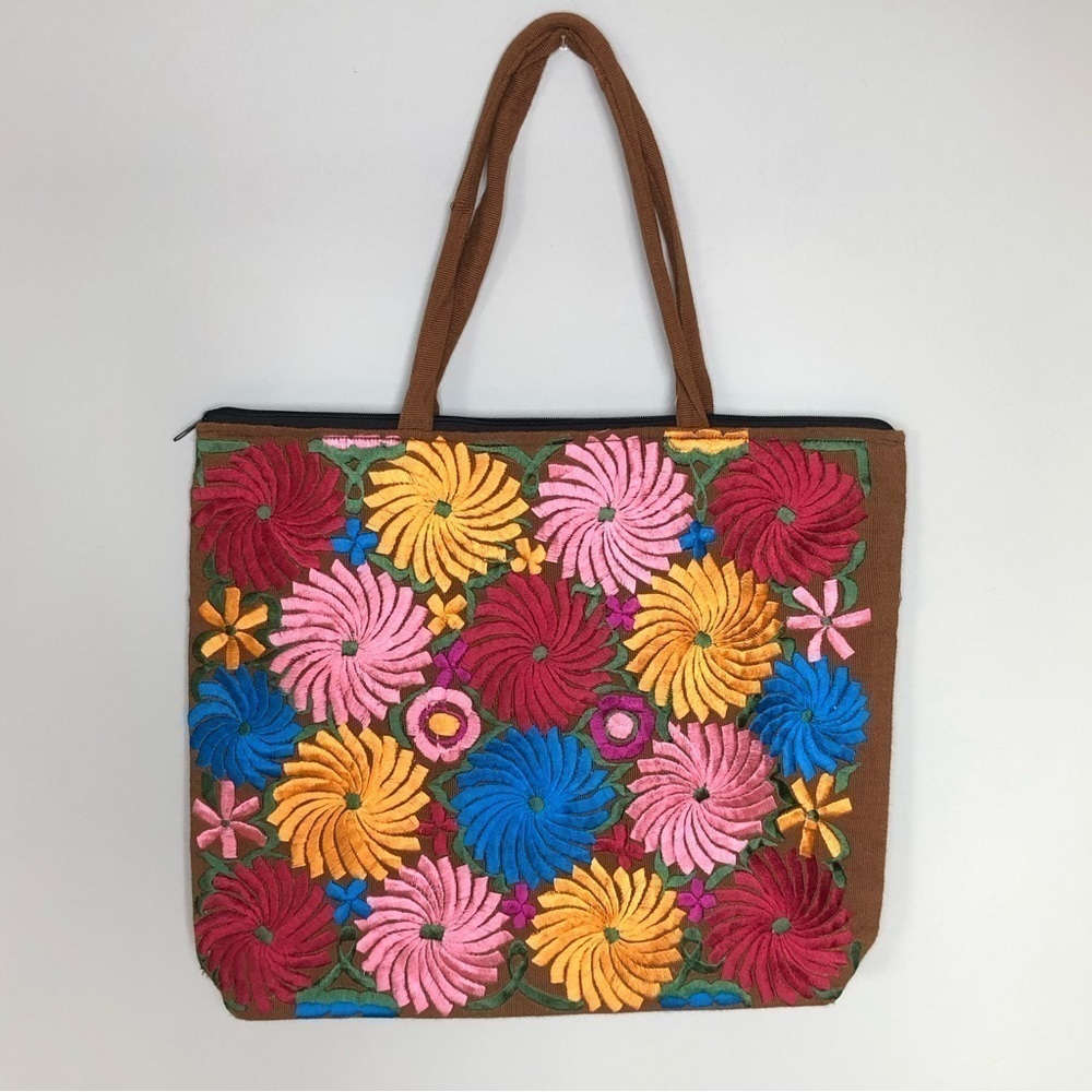 BROWN canvas multicolored embroidered floral large tote bag NWOT